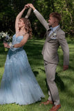 Lace Applique Tulle Prom Dresses for Women 2025 Spaghetti Straps Ball Gown Formal Evening Party Gown with Slit