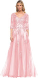Women's V-Neck 3/4 Sleeve Mother of The Bride Dress A-line Tulle Lace Appliques Long Formal Party Dress QA117