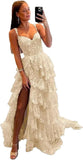 Sparkly Tiered Lace Tulle Prom Dresses Long 2025 Spaghetti Straps Formal Corset Evening Gown with Slit