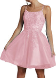 Modest Lace Beaded Tulle Homecoming Dresses Short Square Neck Prom Dress Spaghetti Straps Party Gown