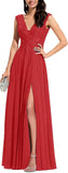 Chiffon Appliques Bridesmaid Dress Long V Neck Beaded Wedding Guest Gown with Split