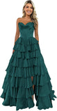 Strapless Corset Prom Dresses for Women 2025 Long Tiered Ruffle Chiffon Formal Evening Gown with Slit