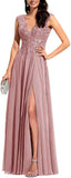 Chiffon Appliques Bridesmaid Dress Long V Neck Beaded Wedding Guest Gown with Split