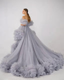 Ruffles Tulle Robe for Maternity Photoshoot Sheer Off Shoulder Maternity Robe Pregnant Baby Shower Prom Gown