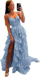 Sparkly Tiered Lace Tulle Prom Dresses Long 2025 Spaghetti Straps Formal Corset Evening Gown with Slit