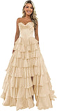 Strapless Corset Prom Dresses for Women 2025 Long Tiered Ruffle Chiffon Formal Evening Gown with Slit