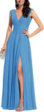Chiffon Appliques Bridesmaid Dress Long V Neck Beaded Wedding Guest Gown with Split
