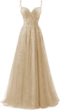 Lace Applique Tulle Prom Dresses for Women 2025 Spaghetti Straps Ball Gown Formal Evening Party Gown with Slit