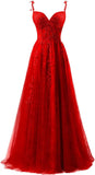Lace Applique Tulle Prom Dresses for Women 2025 Spaghetti Straps Ball Gown Formal Evening Party Gown with Slit