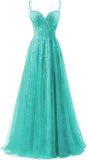 Lace Applique Tulle Prom Dresses for Women 2025 Spaghetti Straps Ball Gown Formal Evening Party Gown with Slit