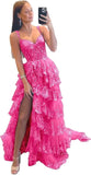 Sparkly Tiered Lace Tulle Prom Dresses Long 2025 Spaghetti Straps Formal Corset Evening Gown with Slit