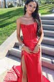 Women's Satin Lace Mermaid Prom Dresses Long with Slit 2025 Strapless Formal Evening Party Gown