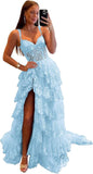 Sparkly Tiered Lace Tulle Prom Dresses Long 2025 Spaghetti Straps Formal Corset Evening Gown with Slit