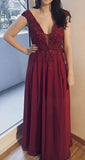 Chiffon Appliques Bridesmaid Dress Long V Neck Beaded Wedding Guest Gown with Split