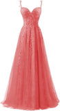 Lace Applique Tulle Prom Dresses for Women 2025 Spaghetti Straps Ball Gown Formal Evening Party Gown with Slit