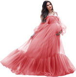 Puffy Sleeve Maternity Dress Tulle Robe for Photoshoot Off Shoulder Pregnancy Baby Shower Gown