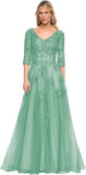 Women's V-Neck 3/4 Sleeve Mother of The Bride Dress A-line Tulle Lace Appliques Long Formal Party Dress QA117