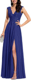 Chiffon Appliques Bridesmaid Dress Long V Neck Beaded Wedding Guest Gown with Split