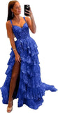 Sparkly Tiered Lace Tulle Prom Dresses Long 2025 Spaghetti Straps Formal Corset Evening Gown with Slit