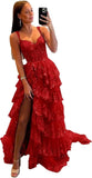 Sparkly Tiered Lace Tulle Prom Dresses Long 2025 Spaghetti Straps Formal Corset Evening Gown with Slit