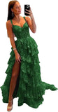 Sparkly Tiered Lace Tulle Prom Dresses Long 2025 Spaghetti Straps Formal Corset Evening Gown with Slit