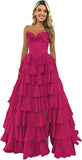 Strapless Corset Prom Dresses for Women 2025 Long Tiered Ruffle Chiffon Formal Evening Gown with Slit