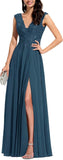 Chiffon Appliques Bridesmaid Dress Long V Neck Beaded Wedding Guest Gown with Split