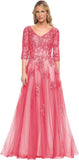 Women's V-Neck 3/4 Sleeve Mother of The Bride Dress A-line Tulle Lace Appliques Long Formal Party Dress QA117