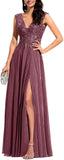 Chiffon Appliques Bridesmaid Dress Long V Neck Beaded Wedding Guest Gown with Split