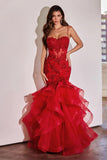 Women's Lace Applique Tulle Prom Dresses Long Mermaid Ruffles Sparkly Formal Evening Party Gown