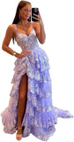 Sparkly Tiered Lace Tulle Prom Dresses Long 2025 Spaghetti Straps Formal Corset Evening Gown with Slit