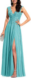 Chiffon Appliques Bridesmaid Dress Long V Neck Beaded Wedding Guest Gown with Split