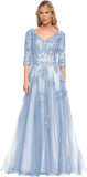 Women's V-Neck 3/4 Sleeve Mother of The Bride Dress A-line Tulle Lace Appliques Long Formal Party Dress QA117