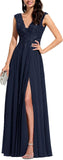 Chiffon Appliques Bridesmaid Dress Long V Neck Beaded Wedding Guest Gown with Split