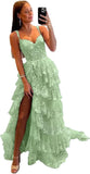 Sparkly Tiered Lace Tulle Prom Dresses Long 2025 Spaghetti Straps Formal Corset Evening Gown with Slit