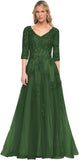 Women's V-Neck 3/4 Sleeve Mother of The Bride Dress A-line Tulle Lace Appliques Long Formal Party Dress QA117