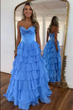 Strapless Corset Prom Dresses for Women 2025 Long Tiered Ruffle Chiffon Formal Evening Gown with Slit