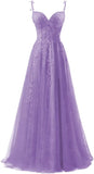 Lace Applique Tulle Prom Dresses for Women 2025 Spaghetti Straps Ball Gown Formal Evening Party Gown with Slit