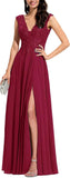 Chiffon Appliques Bridesmaid Dress Long V Neck Beaded Wedding Guest Gown with Split