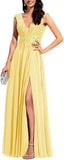 Chiffon Appliques Bridesmaid Dress Long V Neck Beaded Wedding Guest Gown with Split