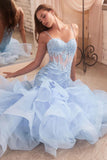 Women's Lace Applique Tulle Prom Dresses Long Mermaid Ruffles Sparkly Formal Evening Party Gown