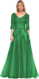 Women's V-Neck 3/4 Sleeve Mother of The Bride Dress A-line Tulle Lace Appliques Long Formal Party Dress QA117