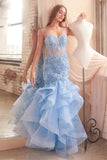 Women's Lace Applique Tulle Prom Dresses Long Mermaid Ruffles Sparkly Formal Evening Party Gown