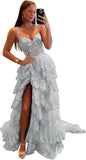 Sparkly Tiered Lace Tulle Prom Dresses Long 2025 Spaghetti Straps Formal Corset Evening Gown with Slit