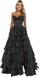 Strapless Corset Prom Dresses for Women 2025 Long Tiered Ruffle Chiffon Formal Evening Gown with Slit