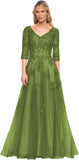 Women's V-Neck 3/4 Sleeve Mother of The Bride Dress A-line Tulle Lace Appliques Long Formal Party Dress QA117