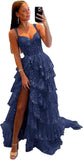 Sparkly Tiered Lace Tulle Prom Dresses Long 2025 Spaghetti Straps Formal Corset Evening Gown with Slit