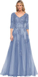 Women's V-Neck 3/4 Sleeve Mother of The Bride Dress A-line Tulle Lace Appliques Long Formal Party Dress QA117