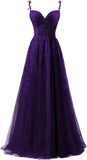 Lace Applique Tulle Prom Dresses for Women 2025 Spaghetti Straps Ball Gown Formal Evening Party Gown with Slit