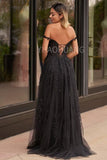 Lace Applique Tulle Prom Dresses for Women 2025 Spaghetti Straps Ball Gown Formal Evening Party Gown with Slit